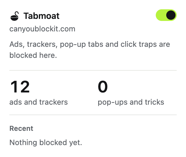 The Tabmoat toolbar popup, showing the ads, trackers and pop-ups blocked on the current page and the switch for the site